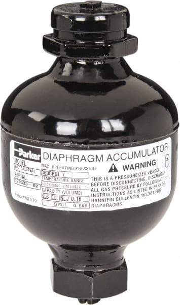 Parker - 10 Lb. Capacity, 3,620 psi Max Working Pressure, 4.69" High, Hydrin Diaphragm Accumulator - 2.95" Diam, 6 SAE Port Thread - All Tool & Supply