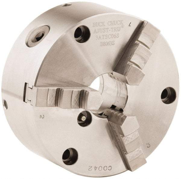 Buck Chuck Company - 3 Jaws, 6" Diam, Self Centering Manual Lathe Chuck - Front Mount, Adjustable, 4,600 Max RPM, 1.78" Through Hole Diam, Forged Steel - All Tool & Supply