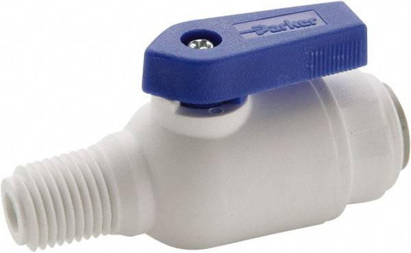 Parker - 1/4" Pipe, Full Port, Polypropylene Valve Male Connector Ball Valve - Bi-Directional, MNPT x Push-to-Connect Ends, Wedge Handle, 150 WOG - All Tool & Supply