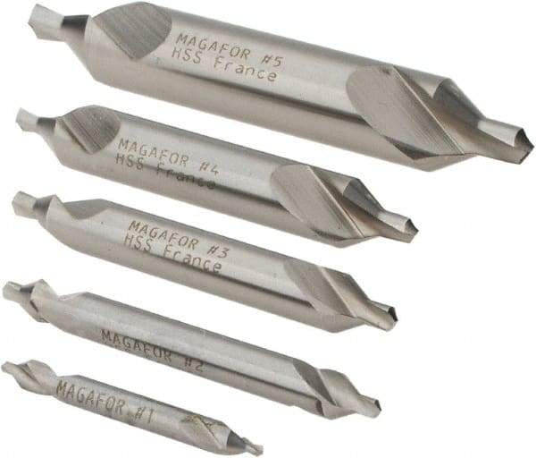 Magafor - 5 Piece, #1 to 5, 1/8 to 7/16" Body Diam, 3/64 to 3/16" Point Diam, Plain Edge, High Speed Steel Combo Drill & Countersink Set - 60° Incl Angle, 0.067 to 0.256" Point Length, 1/8 to 2-3/4" OAL, Double End, 115 Series Compatibility - All Tool & Supply