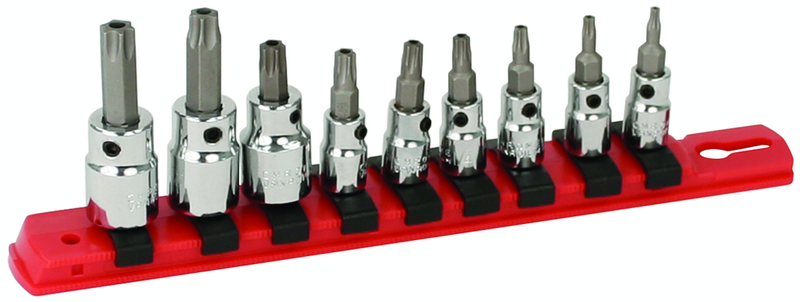 1/4" Drive: T10s; T15s; T20s; T27s; T30s and 3/8" T40s (1/4" Bit) and 3/8" T45s; T50s (5/16" Bit) on rail - Square Drive Replaceable Bit - Security Torx Bit Socket Set - All Tool & Supply