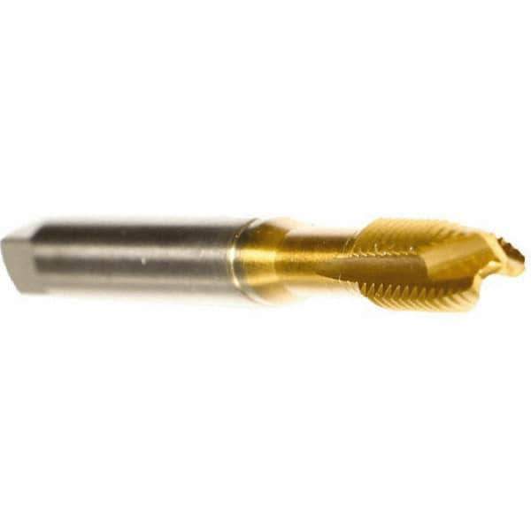 Emuge - M10x1.25 Metric Fine, 3 Flute, TiN Finish, Cobalt Spiral Point Tap - Plug Chamfer, Right Hand Thread, 2-15/16" OAL, 0.709" Thread Length, 0.381" Shank Diam, 6H Class of Fit, Series Rekord B - Exact Industrial Supply