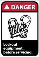 NMC - Accident Prevention Label, Header: DANGER - Legend: Danger - Lock Out Equipment Before Servicing, English, Red, Black & White, 5" Long x 3" High, Sign Muscle Finish - All Tool & Supply