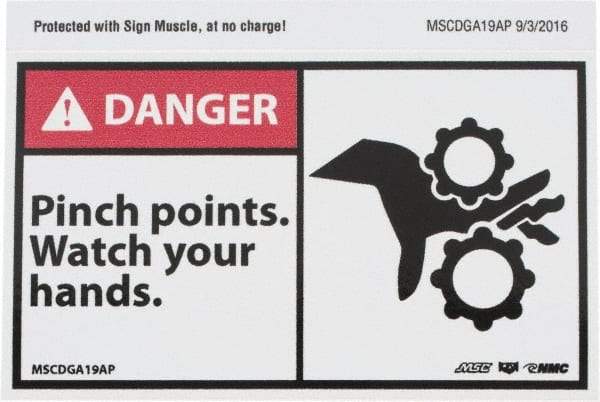 NMC - Accident Prevention Label, Header: DANGER - Legend: Danger - Pinch Points - Watch Your Hands, English, Red, Black & White, 5" Long x 3" High, Sign Muscle Finish - All Tool & Supply