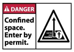 NMC - Accident Prevention Label, Header: DANGER - Legend: Danger - Confined Space - Enter by Permit, English, Red, Black & White, 5" Long x 3" High, Sign Muscle Finish - All Tool & Supply