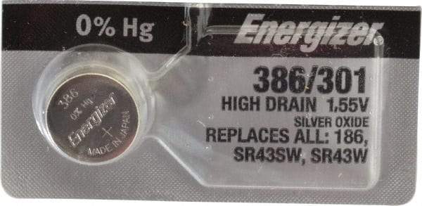 Energizer - Size 386/301, Silver Oxide, Button & Coin Cell Battery - 1.55 Volts, Button Tab Terminal, SR43, IEC Regulated - All Tool & Supply