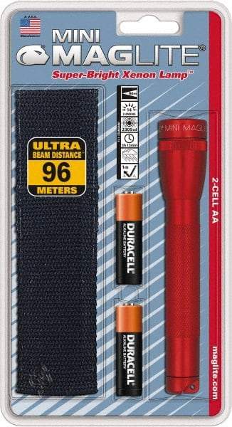 Mag-Lite - Krypton Bulb, 14 Lumens, Industrial/Tactical Flashlight - Red Aluminum Body, 2 AA Alkaline Batteries Included - All Tool & Supply