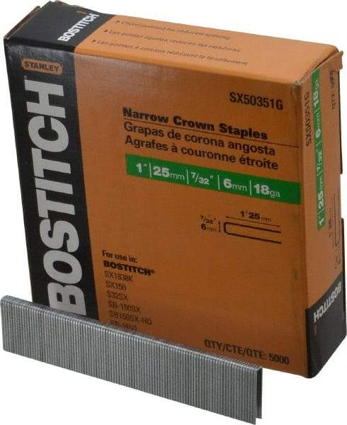 Stanley Bostitch - 1" Long x 7/32" Wide, 18 Gauge Crowned Construction Staple - Steel, Galvanized Finish - All Tool & Supply