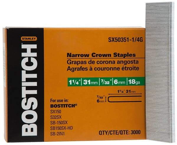 Stanley Bostitch - 1-1/4" Long x 7/32" Wide, 18 Gauge Crowned Construction Staple - Steel, Galvanized Finish - All Tool & Supply