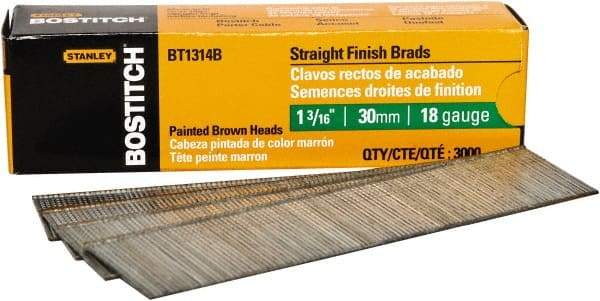 Stanley Bostitch - 18 Gauge 0.05" Shank Diam 1-3/16" Long Brad Nails for Power Nailers - Steel, Bright Finish, Ring Shank, Straight Stick Adhesive Collation, Brad Head, Chisel Point - All Tool & Supply