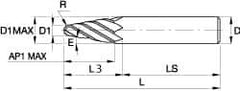 Kennametal - 6° Taper Angle per Side, 0.394" Small End Diam, 52.3mm LOC, Solid Carbide 4 Flute Tapered Ball End Mill - TiAlN/TiN/TiAlN Finish, 125mm OAL, 20mm Shank Diam, Spiral Flute, 30° Helix - All Tool & Supply