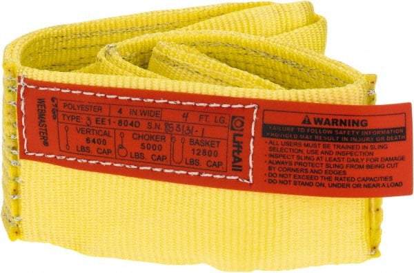 Lift-All - 4' Long x 4" Wide, 6,400 Lb Vertical Capacity, 1 Ply, Polyester Web Sling - 5,000 Lb Choker Capacity, Yellow - All Tool & Supply