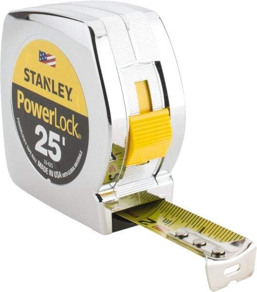 Stanley - 25' x 1" Yellow Blade Tape Measure - 1/16" Graduation, Inch Graduation Style, Silver Case - All Tool & Supply