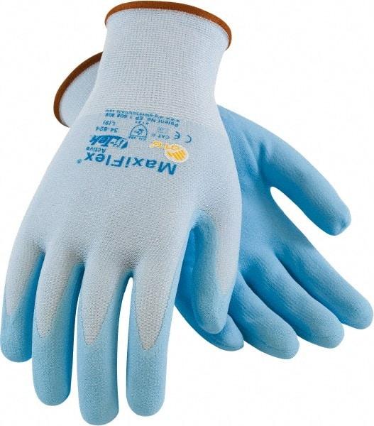 ATG - Size M (8) Nitrile Coated Nylon General Protection Work Gloves - For General Purpose, Knit Wrist Cuff, Full Fingered, Light Blue, Paired - All Tool & Supply