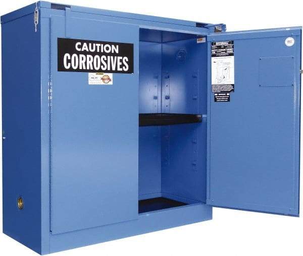 Securall Cabinets - 2 Door, 2 Shelf, Blue Steel Standard Safety Cabinet for Corrosive Chemicals - 67" High x 43" Wide x 18" Deep, Self Closing Door, 3 Point Key Lock, 45 Gal Capacity - All Tool & Supply