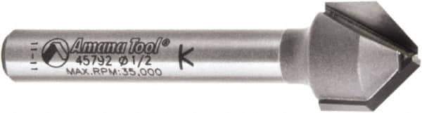 Amana Tool - 1/2" Cut Diam, 3/8" Length of Cut, 2 Flute V-Groove Edge Profile Router Bit - Carbide-Tipped, 1/4" Shank Diam, 2" OAL, Uncoated - All Tool & Supply