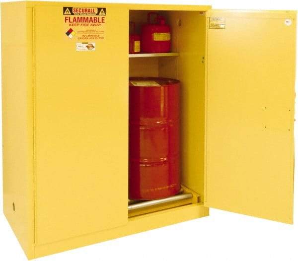 Securall Cabinets - 56" Wide x 31" Deep x 65" High, 18 Gauge Steel Vertical Drum Cabinet with 3 Point Key Lock - Yellow, Manual Closing Door, 1 Shelf, 2 Drums, Drum Rollers Included - All Tool & Supply