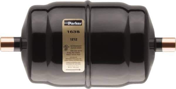 Parker - 3/8" Connection, 2-1/2" Diam, 4.39" Long, Refrigeration Liquid Line Filter Dryer - 5-3/16" Cutout Length, 78 Drops Water Capacity - All Tool & Supply