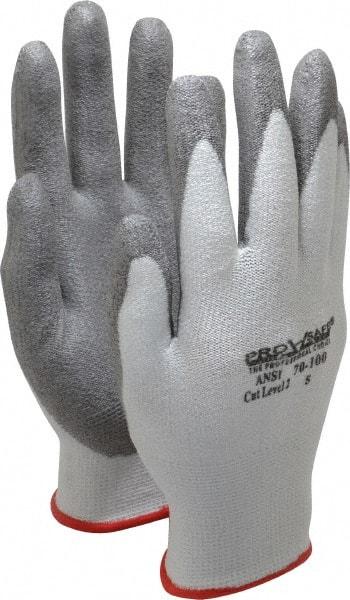 PRO-SAFE - Size S (7), ANSI Cut Lvl A2, Puncture Lvl 1, Abrasion Lvl 4, Polyurethane Coated HPPE Fiber Cut Resistant Gloves - 9" Long, Palm & Fingers Coated, HPPE Fiber Lining, Knit Wrist, White w/ Gray Coating, Paired - All Tool & Supply