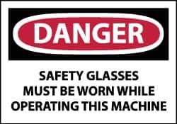 NMC - Accident Prevention Label, Header: DANGER - Legend: Danger - Safety Glasses Must Be Worn While Operating This Machine, English, Red, Black & White, 5" Long x 3" High, Sign Muscle Finish - All Tool & Supply