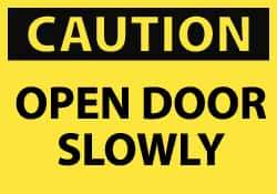 NMC - Caution - Open Door Slowly, Pressure Sensitive Vinyl Fire and Exit Sign - 5" Wide x 3" High - All Tool & Supply