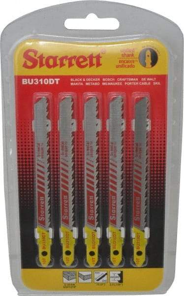 Starrett - 4" Long, 10 Teeth per Inch, Bi-Metal Jig Saw Blade - Toothed Edge, 5/16" Wide x 0.05" Thick, U-Shank, Ground Taper Tooth Set - All Tool & Supply