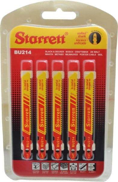 Starrett - 3" Long, 14 Teeth per Inch, Bi-Metal Jig Saw Blade - Toothed Edge, 5/16" Wide x 0.04" Thick, U-Shank, Wavy Tooth Set - All Tool & Supply