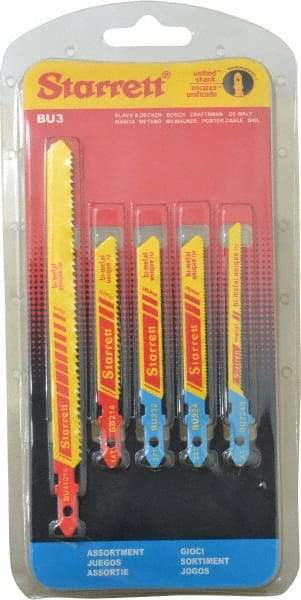 Starrett - 5 Piece, 3" to 5" Long, 10-14 to 32 Teeth per Inch, Bi-Metal Jig Saw Blade Set - Toothed Edge, 3/16" to 3/8" Wide, 0.04" to 0.04" Thick, U-Shank - All Tool & Supply