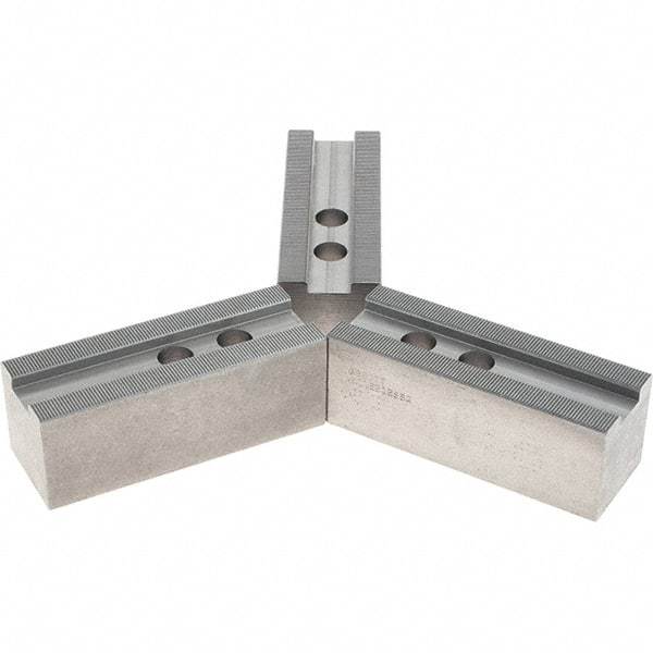 Abbott Workholding Products - 1.5mm x 60° Serrated Attachment, Square Soft Lathe Chuck Jaw - 3 Jaws, Steel, 1.1811" Btw Mount Hole Ctrs, 5-1/2" Long x 2" Wide x 2" High, 0.8268" Groove, 0.6299" & 16mm Fastener - All Tool & Supply