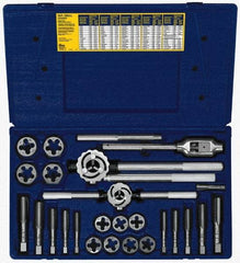 Irwin - M14x1.25 to M24x3.00 Tap, M14x1.25 to M24x3.00 Die, Metric Fine, Tap and Die Set - Bright Finish Carbon Steel, Carbon Steel Taps, Nonadjustable 1-7/16, 1-13/16" Hex Size, 25 Piece Set with Plastic Case - Exact Industrial Supply