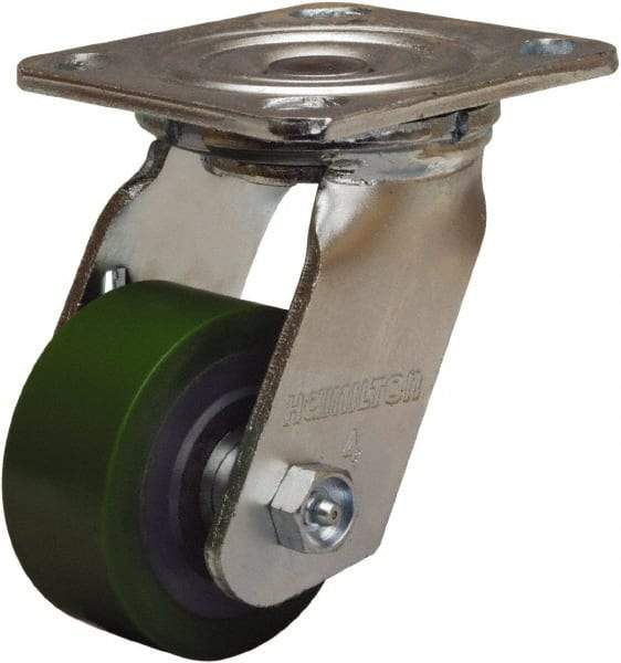 Hamilton - 3-1/4" Diam x 1-1/2" Wide x 5-1/4" OAH Top Plate Mount Swivel Caster - Polyurethane Mold onto Cast Iron Center, 475 Lb Capacity, Straight Roller Bearing, 4 x 4-1/2" Plate - All Tool & Supply