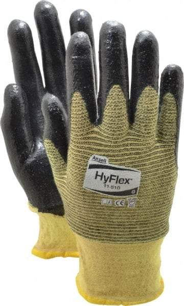 Ansell - Size M (8), ANSI Cut Lvl 2, Abrasion Lvl 3, Nitrile Coated Cut Resistant Gloves - Palm & Fingers Coated, Kevlar Lining, Knit Wrist, Black/Yellow, Paired - All Tool & Supply