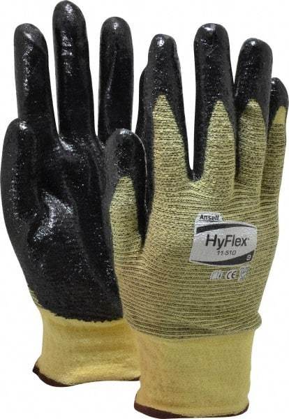 Ansell - Size L (9), ANSI Cut Lvl 2, Abrasion Lvl 3, Nitrile Coated Cut Resistant Gloves - Palm & Fingers Coated, Kevlar Lining, Knit Wrist, Black/Yellow, Paired - All Tool & Supply