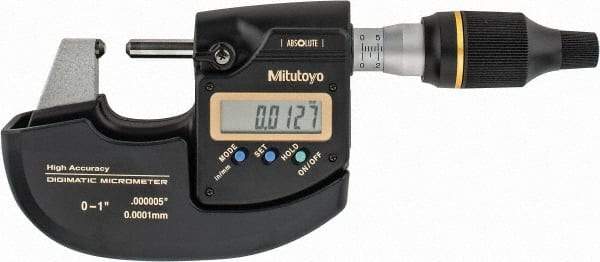 Mitutoyo - 0 to 1" Range, 0" Resolution, Standard Throat, Electronic Outside Micrometer - 0" Accuracy, 0.98" Throat, Ratchet Friction Thimble, CR2032 Battery, Data Output - All Tool & Supply