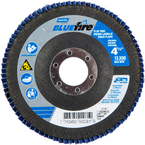 ‎4-1/2 × 7/8″ BlueFire Fiberglass HD Flat Flap Disc Type 27 P36 Grit R884P1 Zirconia Alumina - All Tool & Supply