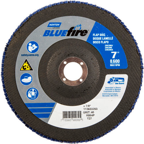 7 × 7/8″ BlueFire Fiberglass HD Flat Flap Disc Type 27 P40 Grit R884P1 Zirconia Alumina - All Tool & Supply