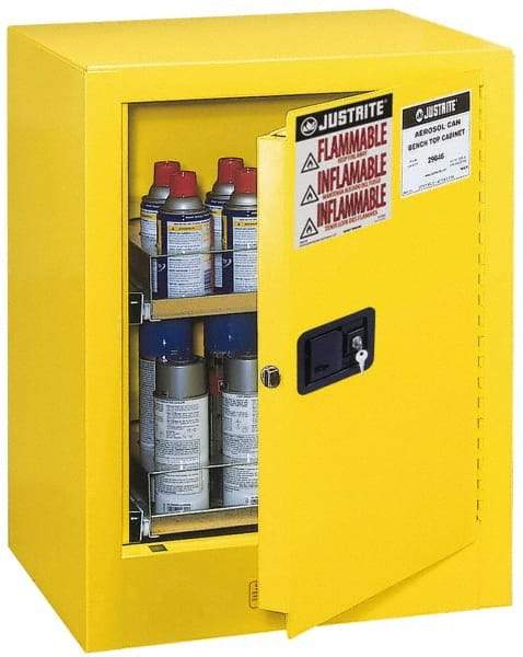 Justrite - 1 Door, 2 Shelf, Yellow Steel Bench Top Safety Cabinet for Flammable and Combustible Liquids - 27" High x 21" Wide x 18" Deep, Manual Closing Door, 4 Gal Capacity - All Tool & Supply