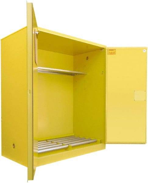 Securall Cabinets - 56" Wide x 31" Deep x 65" High, 18 Gauge Steel Vertical Drum Cabinet with 3 Point Key Lock - Yellow, Manual Closing Door, 1 Shelf, 2 Drums, Drum Rollers Included - All Tool & Supply