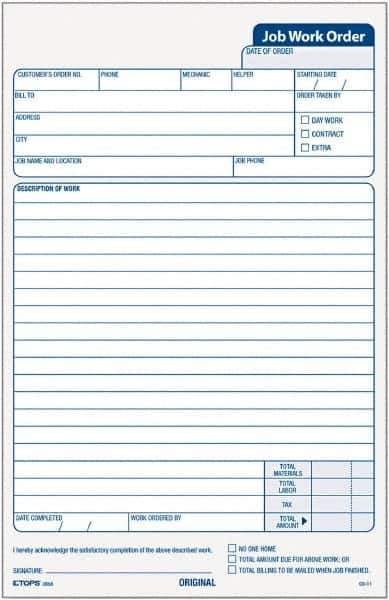 TOPS - 50 Sheet, 5-1/2 x 8-1/2", Work Order Pad - White - All Tool & Supply