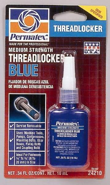 Permatex - 10 mL Bottle, Blue, Medium Strength Liquid Threadlocker - Series 242, 24 hr Full Cure Time, Hand Tool Removal - All Tool & Supply