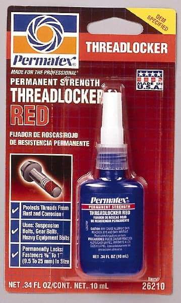 Permatex - 10 mL Bottle, Red, High Strength Liquid Threadlocker - Series 262, 24 hr Full Cure Time, Hand Tool, Heat Removal - All Tool & Supply