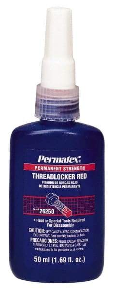 Permatex - 50 mL Bottle, Red, High Strength Liquid Threadlocker - Series 262, 24 hr Full Cure Time, Hand Tool, Heat Removal - All Tool & Supply