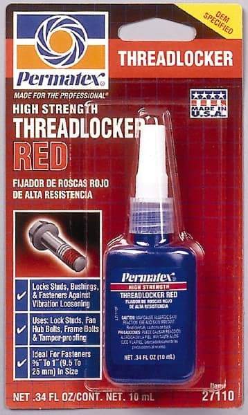 Permatex - 10 mL Bottle, Red, High Strength Liquid Threadlocker - Series 271, 24 hr Full Cure Time, Hand Tool, Heat Removal - All Tool & Supply