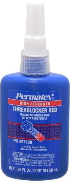 Permatex - 50 mL Bottle, Red, High Strength Liquid Threadlocker - Series 271, 24 hr Full Cure Time, Hand Tool, Heat Removal - All Tool & Supply