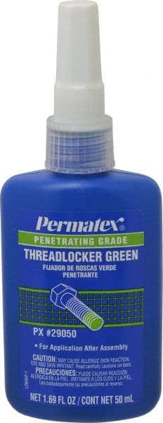 Permatex - 50 mL Bottle, Green, Liquid Medium Strength Threadlocker - Series 290, 24 hr Full Cure Time, Hand Tool, Heat Removal - All Tool & Supply