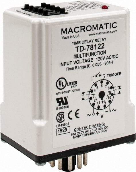 Macromatic - 11 Pin, 999 hr Delay, Multiple Range DPDT Time Delay Relay - 10 Contact Amp, 120 VAC/VDC, Pushbutton Thumbwheel - All Tool & Supply