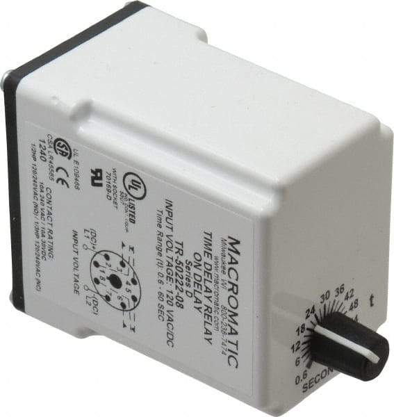 Macromatic - 8 Pin, Multiple Range DPDT Time Delay Relay - 10 Contact Amp, 120 VAC/VDC, Knob - All Tool & Supply