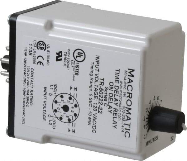 Macromatic - 8 Pin, 10 min Delay, Multiple Range DPDT Time Delay Relay - 10 Contact Amp, 120 VAC/VDC, Knob - All Tool & Supply