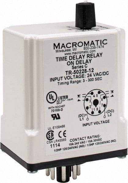 Macromatic - 8 Pin, Multiple Range DPDT Time Delay Relay - 10 Contact Amp, 24 VAC/VDC, Knob - All Tool & Supply