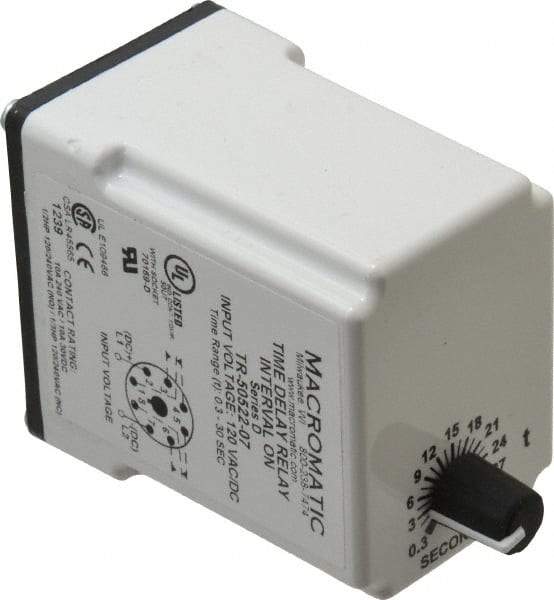 Macromatic - 8 Pin, Multiple Range DPDT Time Delay Relay - 10 Contact Amp, 120 VAC/VDC, Knob - All Tool & Supply